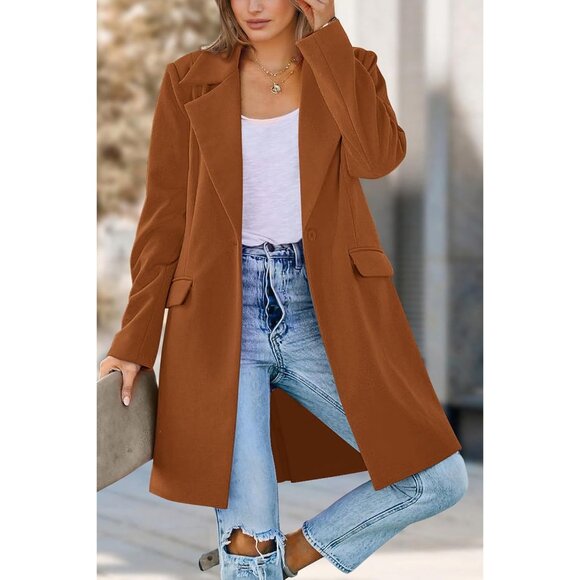 Women's Brown Fall Long Sleeve Lapel Pockets Loose Fit Casual Blazers Outerwear - Picture 8 of 9